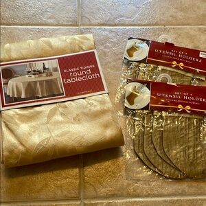 Gold Tablecloth and Utensil Holders Set